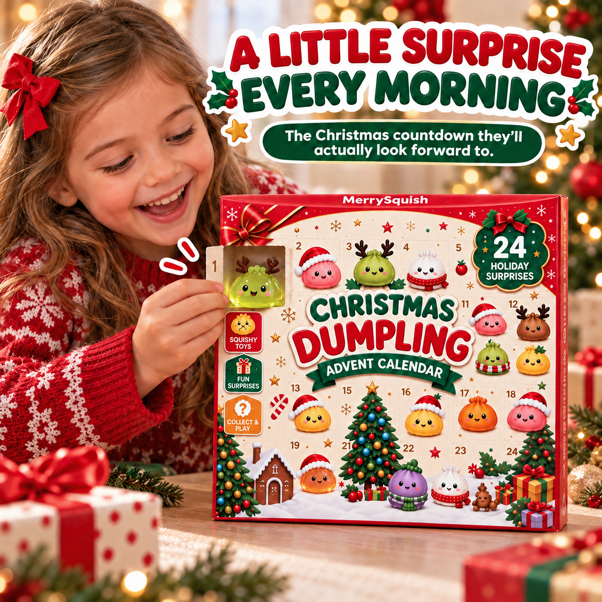 Child opening one door of the Christmas dumpling squishy advent calendar