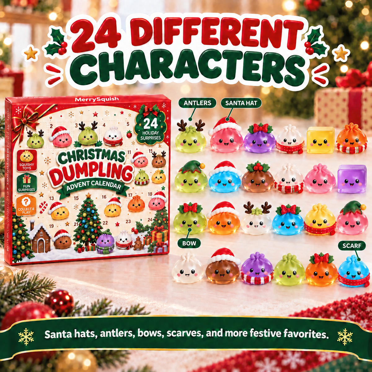 Collection of colorful Christmas dumpling squishy characters