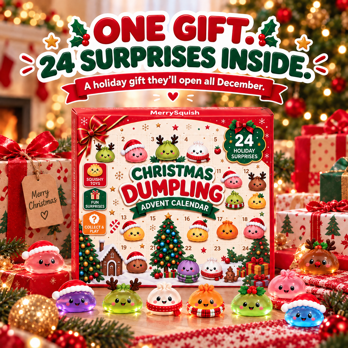Christmas dumpling squishy advent calendar presented as a holiday gift